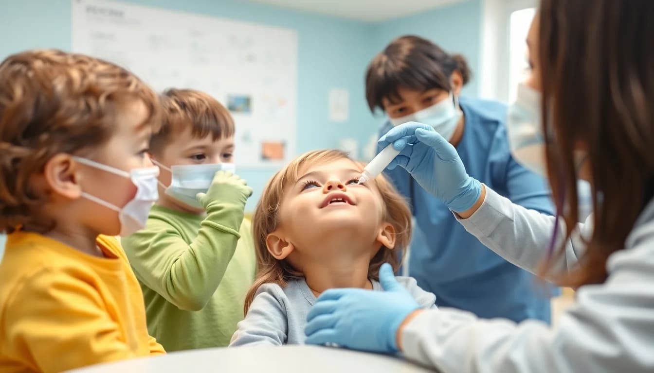 Healthcare worker administering nasal probiotic spray to preschool children in clinical setting